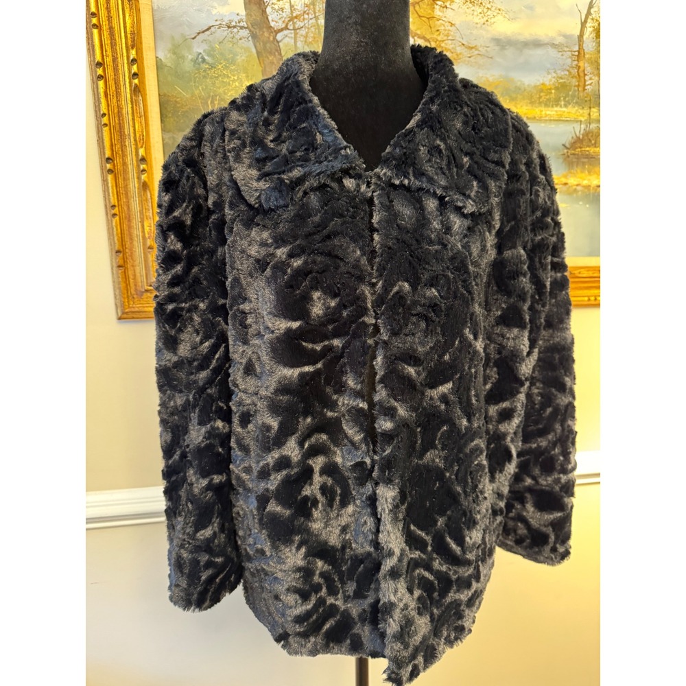 John Paul Richard Black Faux Fur Rose Textured Jacket XL Y2K Vintage Mob Wife